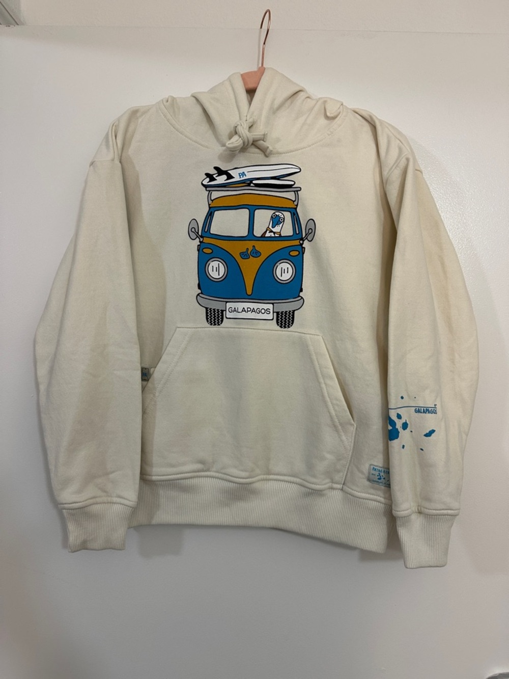 Cream Pullover Hoodie with Blue Van Graphic